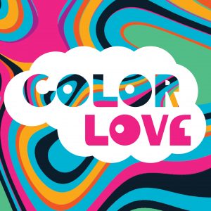 A colorful design of bright colors is overlaid with a white cloud shape with letters spelling the word color and the word love are cut out to see the design below.