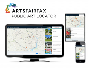 A graphic representation of the public art locator user interface appears on the screen of a desktop computer monitor, a tablet, and an iphone.
