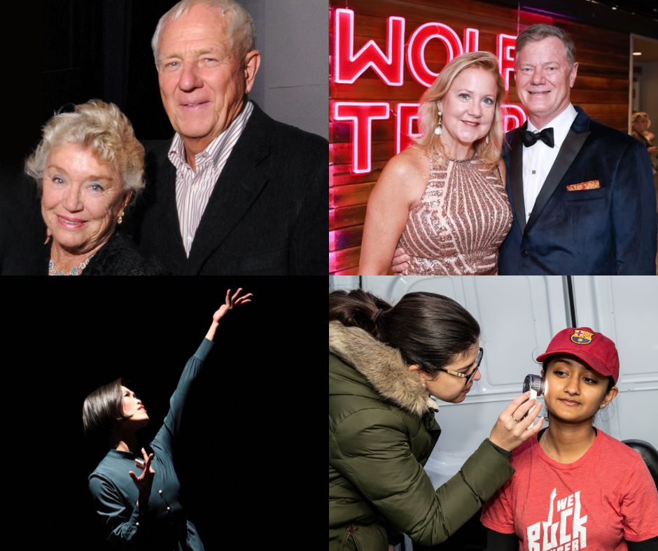 A square image displays four images: top left is a white woman with short blonde hair in a black jacket and a white man with short white hair in a white shirt and black jacket; top right is a white woman with shoulder-length blonde hair and a gold sequined dress next to a white man in a tuxedo with short brown hair; bottom left is an asian woman with chin-length black hair in a black top with her arms posed in a dance move; and bottom right is a woman in an olive green winter coat leaning towards a young person in a red cap and red t-shirt with the logo "We Rock Cancer."
