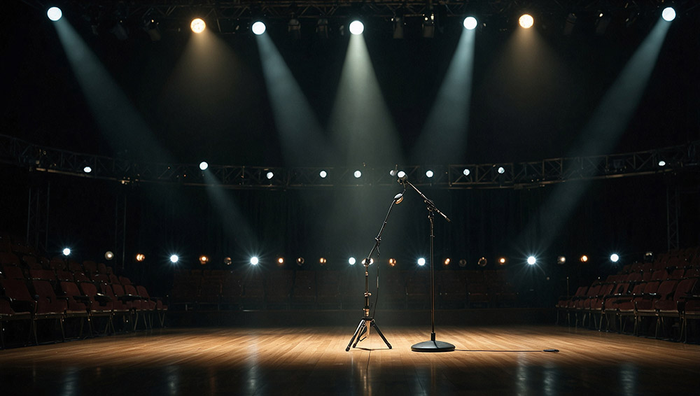 photo of mic stand in the middle of the stage made by AI generat