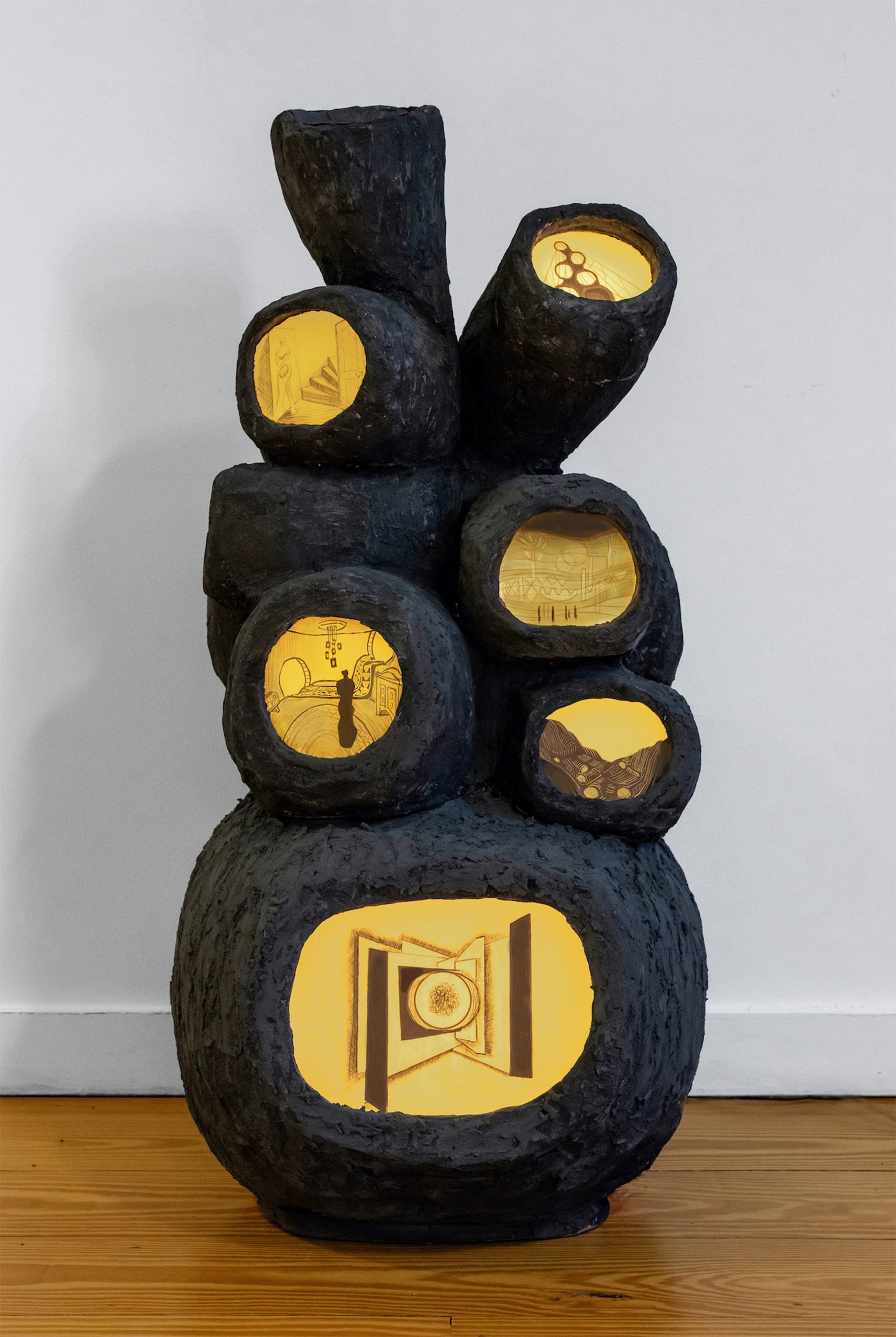ian_husting - UNTITLED - Cluster Form - Foam core, plaster compound, mixed media, embedded LED panels - 36 in. H × 19 in