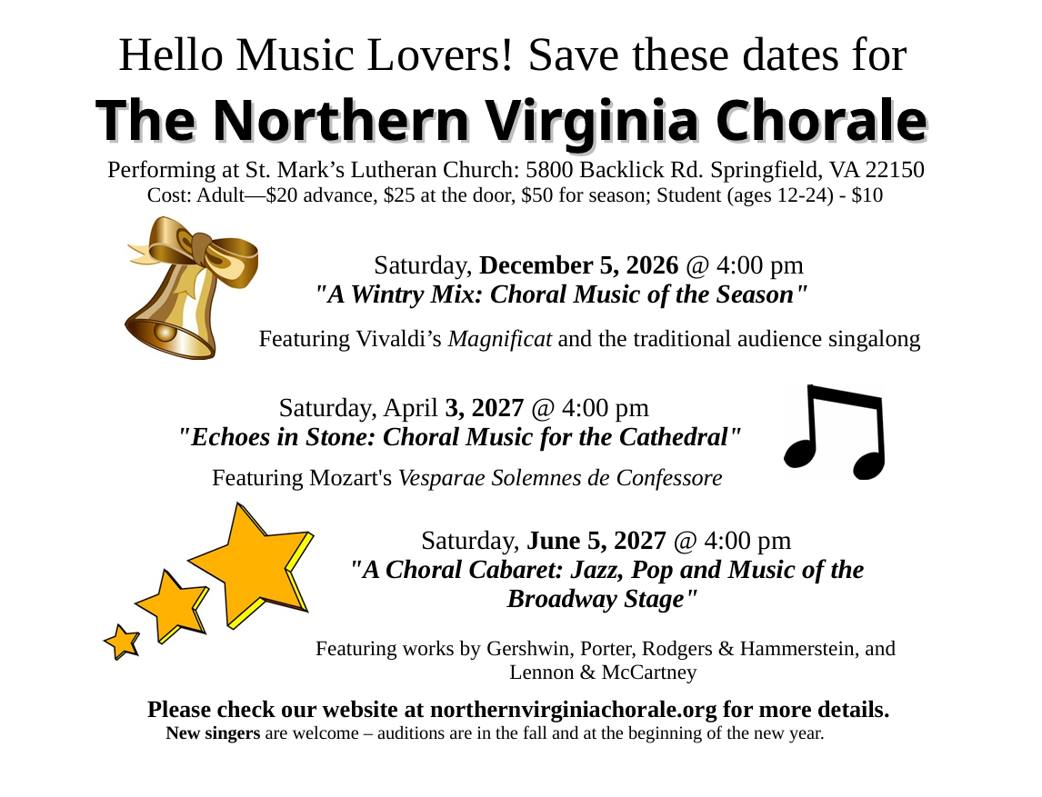 • "A Wintry Mix: Choral Music of the Season" - Saturday, December 5th at 4:00 p.m. St. Mark's Lutheran Church