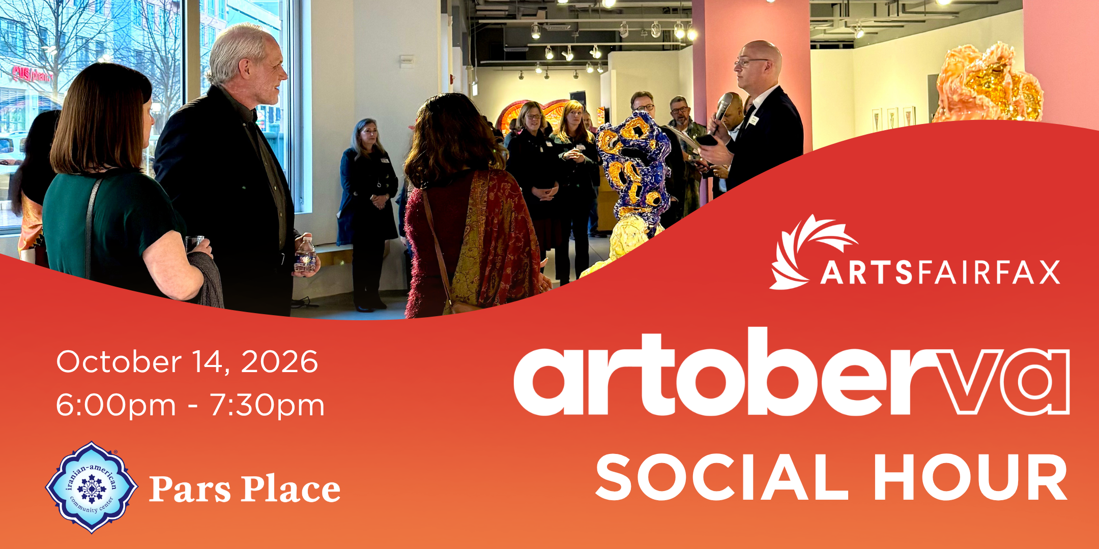 A graphic for the artoberVA Social Hour shows people mingling at an art gallery with the event date (October 14, 2026 from 6:00pm to 7:30pm) and the ArtsFairfax and Pars Place logos.