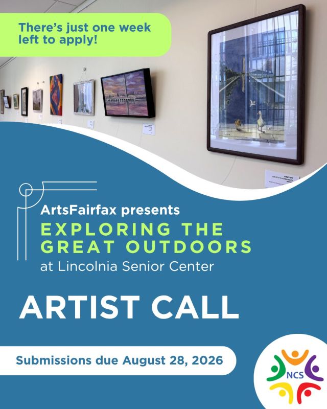 Calling local artists! There's just one week left to apply to be featured in “Exploring the Great Outdoors,” the next ArtsFairfax Presents show scheduled from October to January at Lincolnia Senior Center. 🖼️ Whether it's a landscape, an image capturing the playful spirit of local critters, or a depiction of one of the many events taking place in our community, the submission should celebrate the parks, waterways, and inhabitants of Fairfax County green spaces and beyond. 🌳

📝 Applications must be submitted online by August 28, 2026 at artsfairfax.submittable.com. Learn more at the Artist Calls link in our bio! 🔗

#ArtsFairfax #FairfaxArtist #ArtistCall #OpportunitiesForArtists #LocalNews #FairfaxCounty #FairfaxVA #NoVa #NorthernVirginia #VirginiaArts #DMV #DMVArtist