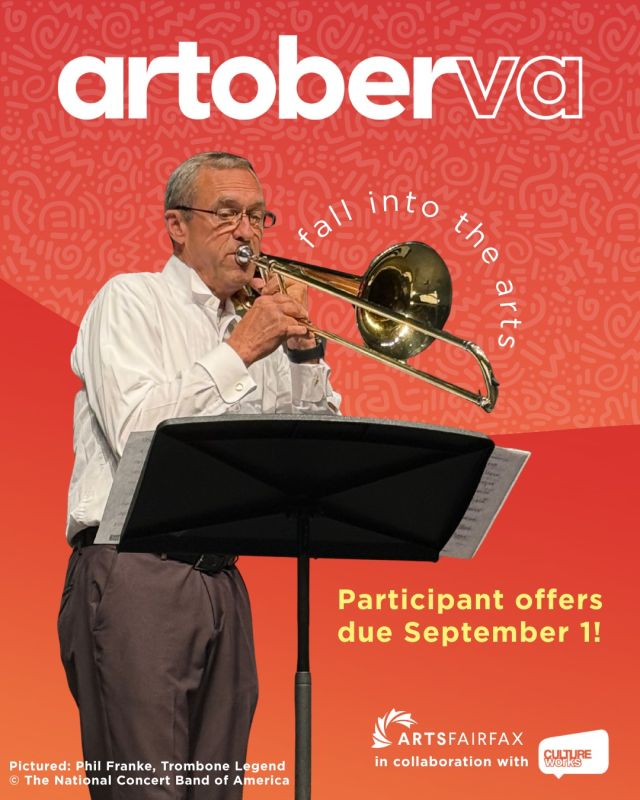 Calling local artists and arts organizations! 📣 Have you applied to participate in artoberVA yet? Offers due September 1.

This October, artoberVA will be back and better than ever with a month-long celebration of the arts for #NationalArtsAndHumanitiesMonth! As a participant, you'll receive free promotional support from ArtsFairfax, including visibility through our marketing channels, social media, events calendar, and campaign publicity. 

➡️ To benefit from all the available artoberVA promotions, please visit the form linked in our bio to learn more and submit your offer by September 1.

Pictured: Phil Franke, Trombone Legend (c) @nationalconcertband
#ArtsFairfax #artoberVA #LocalArts #DMVArts