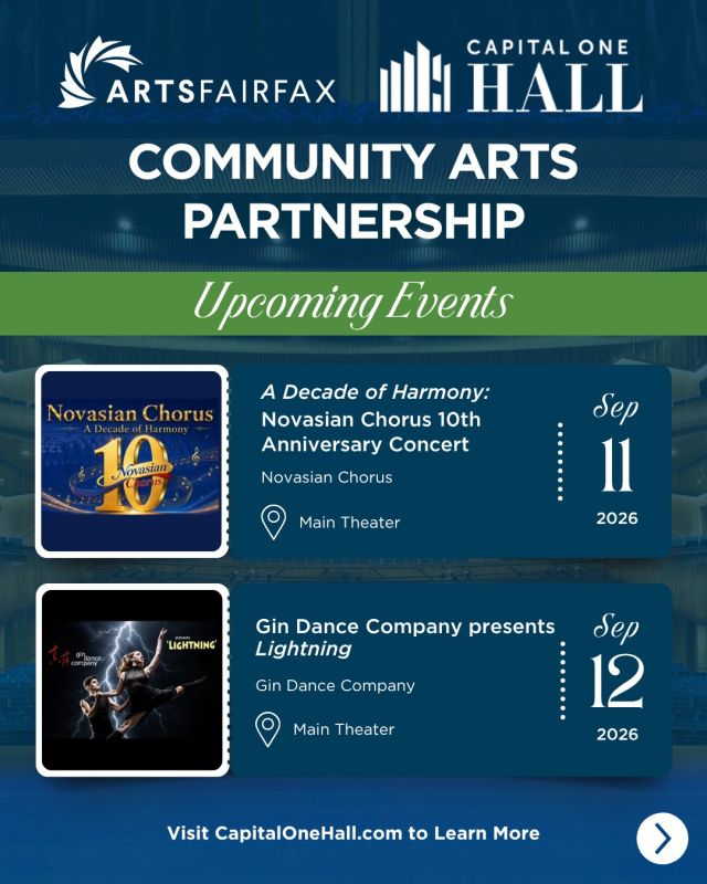 We're entering the month of September with an exciting lineup of events inaugurating Season VI of the Capital One Hall (@capitalonehall) Community Arts Partnership! 

🎶 Celebrate the universal language of music with Novasian Chorus (@novasianchorus) as it marks its 10th Anniversary in a spectacular evening of choral artistry, cultural exchange, and musical inspiration. 

🩰 Catch Gin Dance Company (@gindance) in their final performance featuring a thrilling new work, “Lightning,” Thang Dao's “Cloaked,” Shu-Chen Cuff's “That’s Mozart,” and a collaboration with Fairfax County Poet Laureate Angelique Palmer (@_uniqueangel_) in “Mirror of the Heart.” 

🎭️ Step into the spotlight with an electrifying evening of Broadway's greatest hits! You won't want to miss the Virginia Chamber Orchestra as they present the songs that defined American musical theatre. 

🎮️ Check out Good Beats Ensemble (@goodbeatsensemble) in their Capital One Hall debut with a classical crossover concert celebrating beloved video game music, featuring special guests Valentin Kovalev and Project Fusion. A night where gaming nostalgia meets symphonic artistry for music lovers and gamers alike. 

🎟️ Grab your tickets today at CapitalOneHall.com

#CapitalIOneHall #ArtsFairfax #FairfaxCountyArts #CommunityArtsPartnership