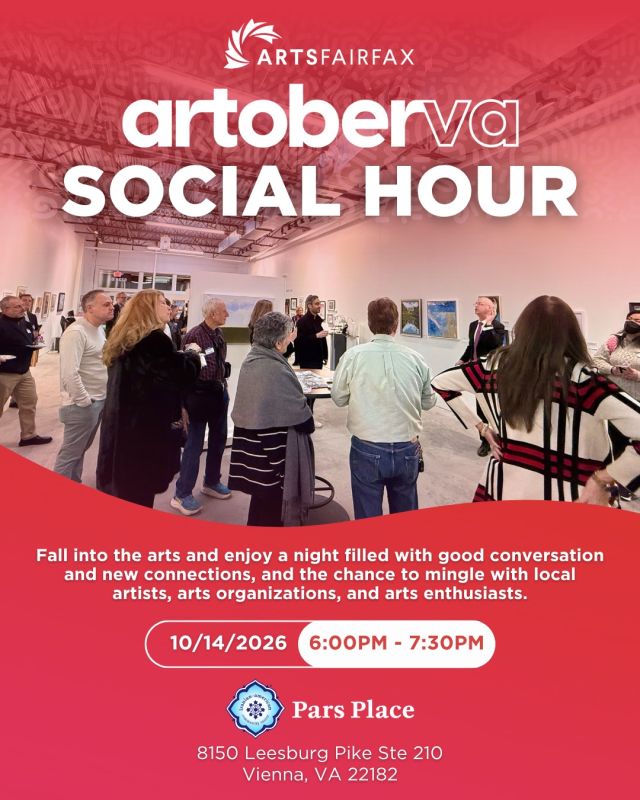 Connect with local artists this National Arts & Humanities Month at the ArtsFairfax artoberVA Social Hour at @theparsplace! 🤝

Enjoy a night filled with good conversation and the chance to mingle with local artists, arts organizations, and arts enthusiasts. 💬 Guests will also have the opportunity to view art from the Aryan Gallery.

This event is free to attend. Complimentary refreshments available, provided, in part, by artoberVA culinary partner @tysons.creamery. 🍦

Special thanks to our host site, Iranian-American Community Center: Pars Place, which serves as a hub for educational activities, cultural events, and community services.

📆 Wednesday, October 14
🕕️ 6:00pm - 7:30pm
📍 Pars Place (Iranian-American Community Center)

➡️ RSVP today at the link in our bio!

#ArtsFairfax #artoberVA #LocalArts #DMVArts #Networking