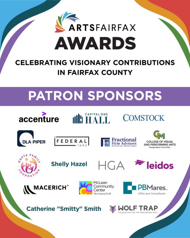Thank you to our wonderful Patron Sponsors for their support of the 2026 ArtsFairfax Awards! We are so grateful for their dedication to the arts in Fairfax County.
 
➡️ Learn more about the ArtsFairfax Awards and purchase tickets at ArtsFairfax.org/Awards
 
#ArtsFairfax #ArtsFairfaxAwards2026 #FairfaxCountyArts #NoVaArts #DMVArts